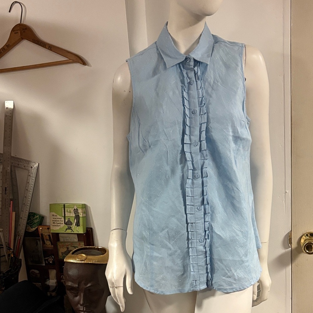 Tweeds Light Blue Sleeveless Ruffle Blouse XL